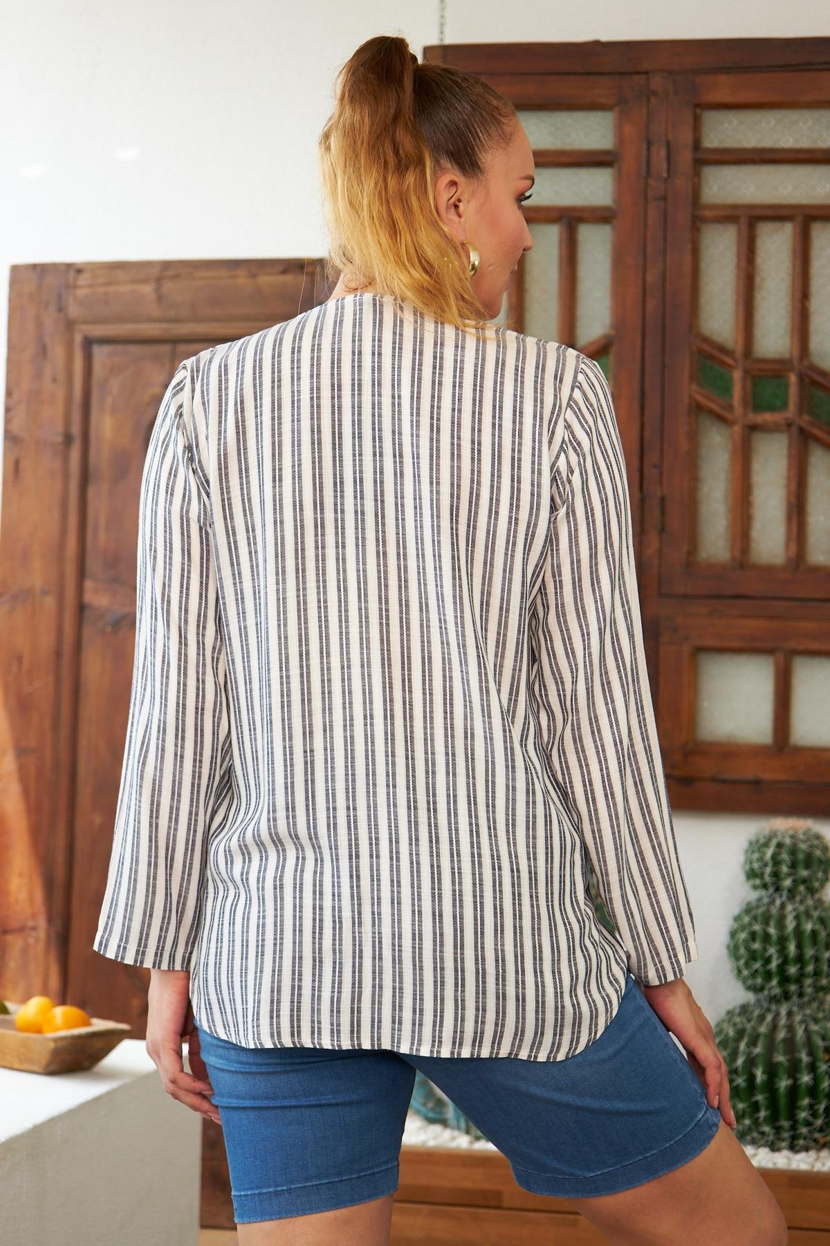 Rmg Çizgili Yaka Patlı Uzun Kol Büyük Beden Siyah Gömlek