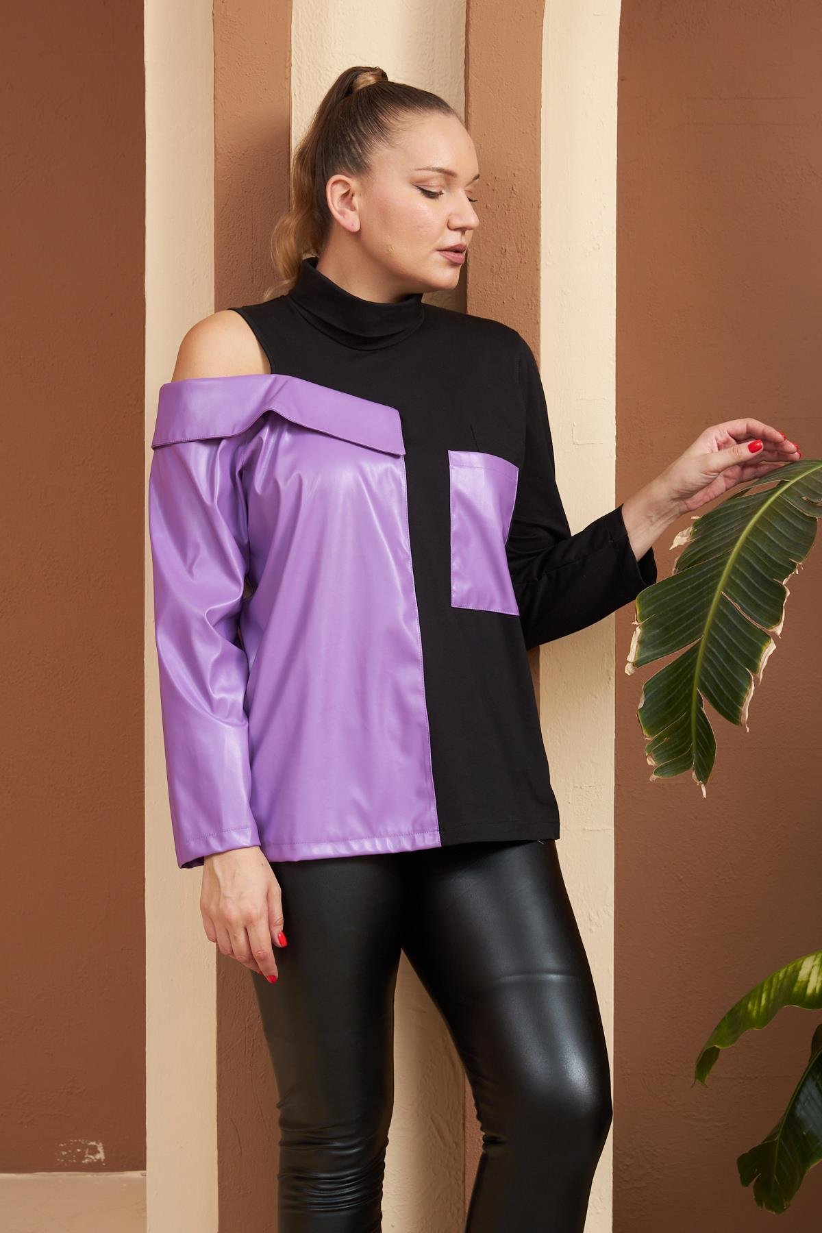 Rmg Deri Garnili Mor Büyük Beden Sweatshirt