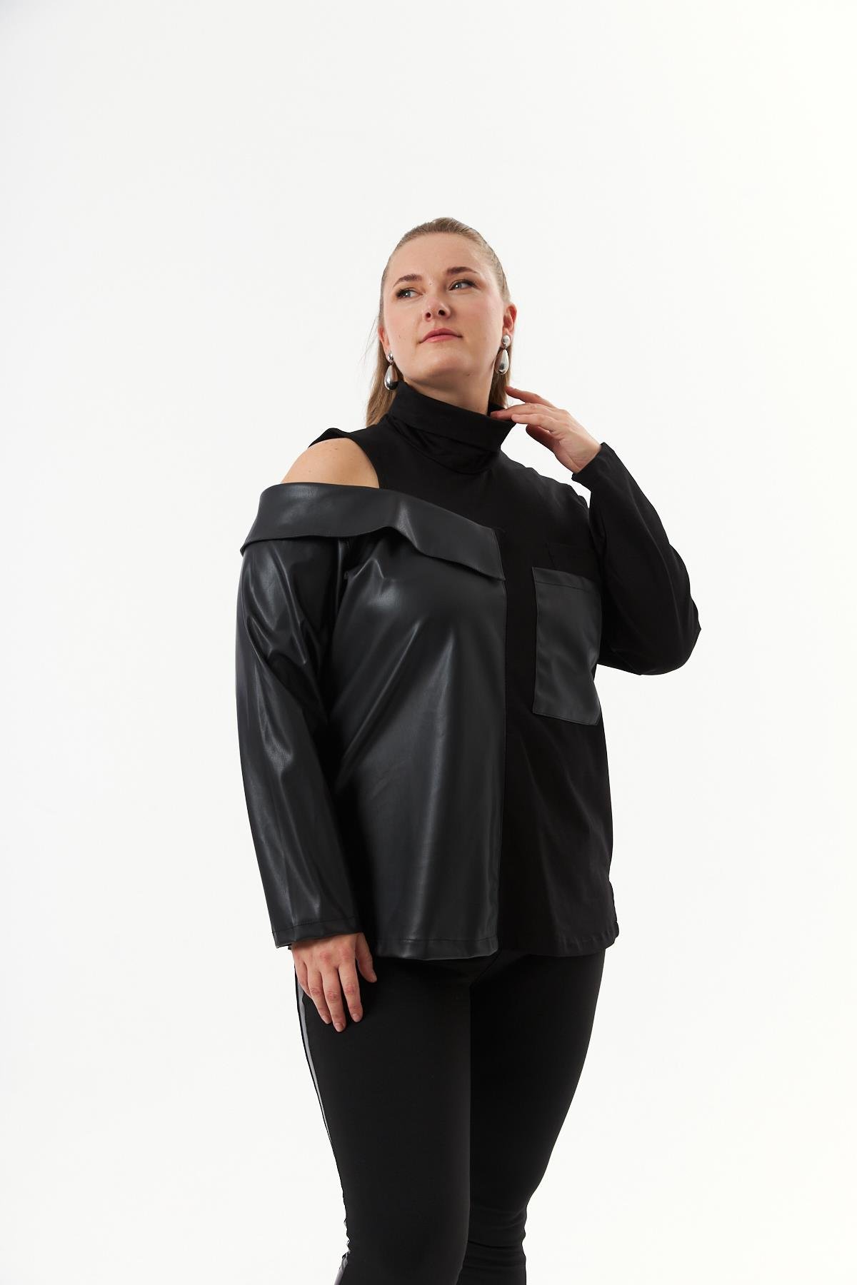 Rmg Deri Garnili Siyah Büyük Beden Sweatshirt