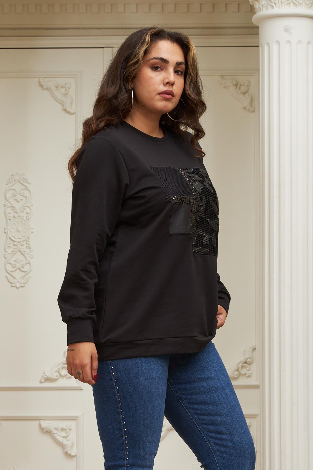 Rmg Deri ve Pul Payet Detaylı Büyük Beden Siyah Sweatshirt