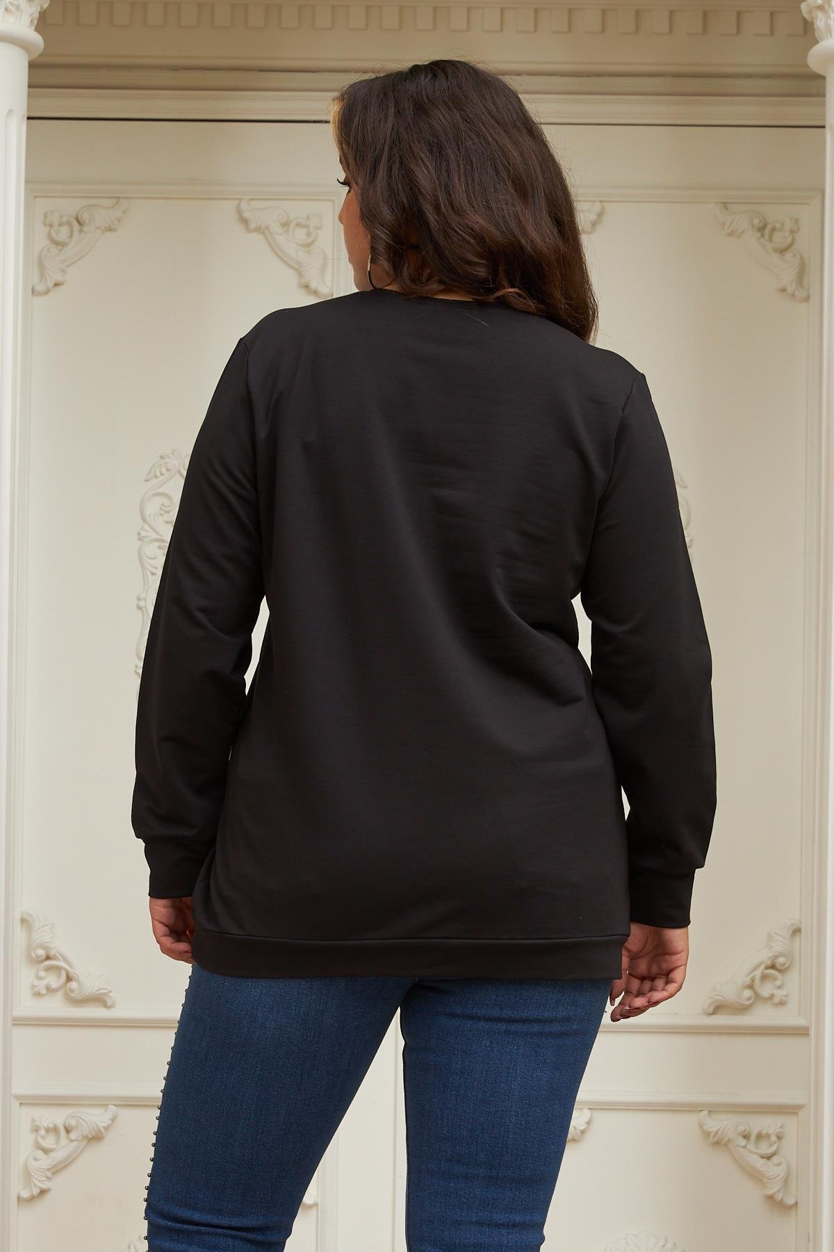 Rmg Deri ve Pul Payet Detaylı Büyük Beden Siyah Sweatshirt
