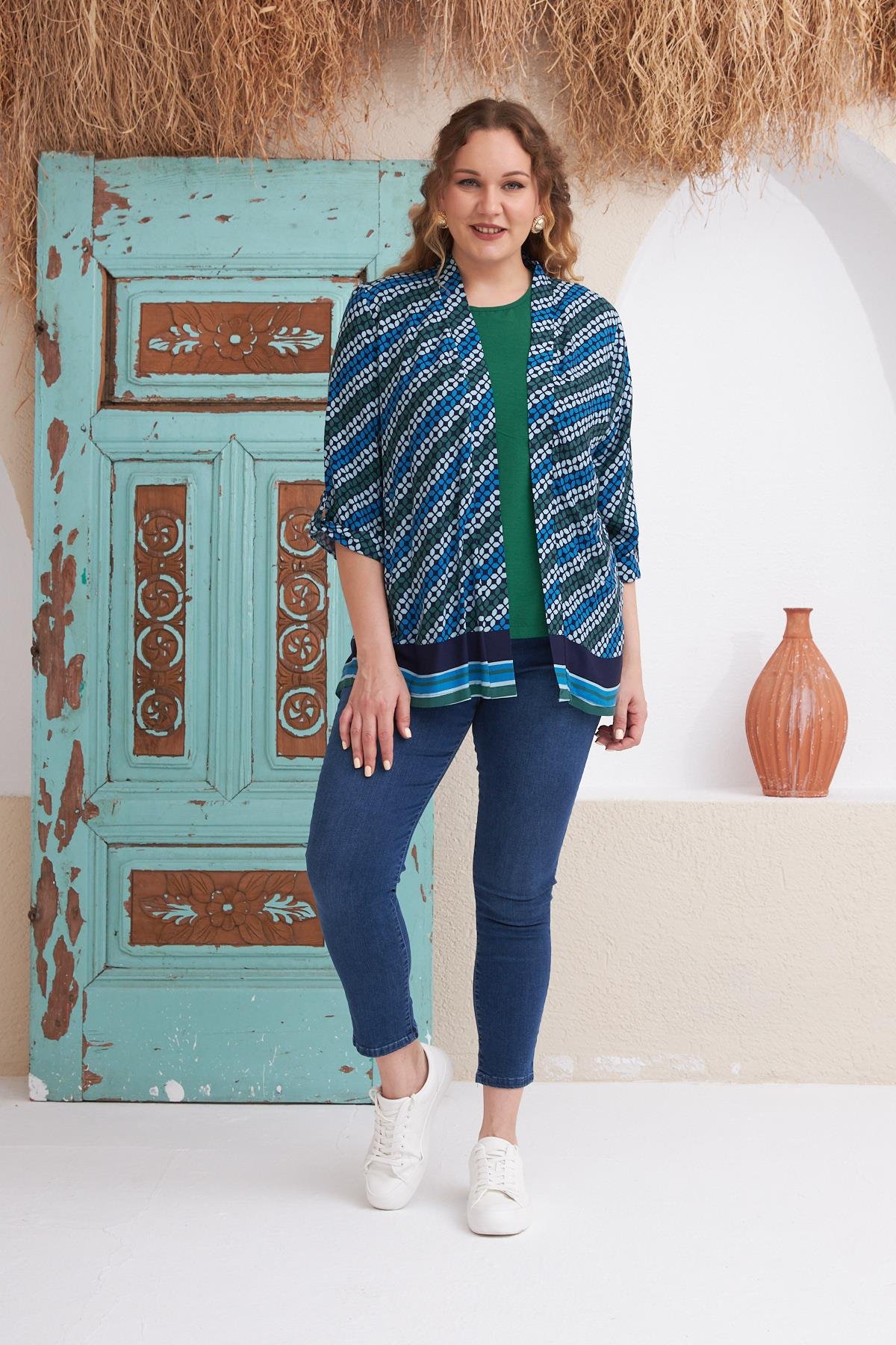 Rmg Desenli Büyük Beden Lacivert Atlet Ceket İkili Takım