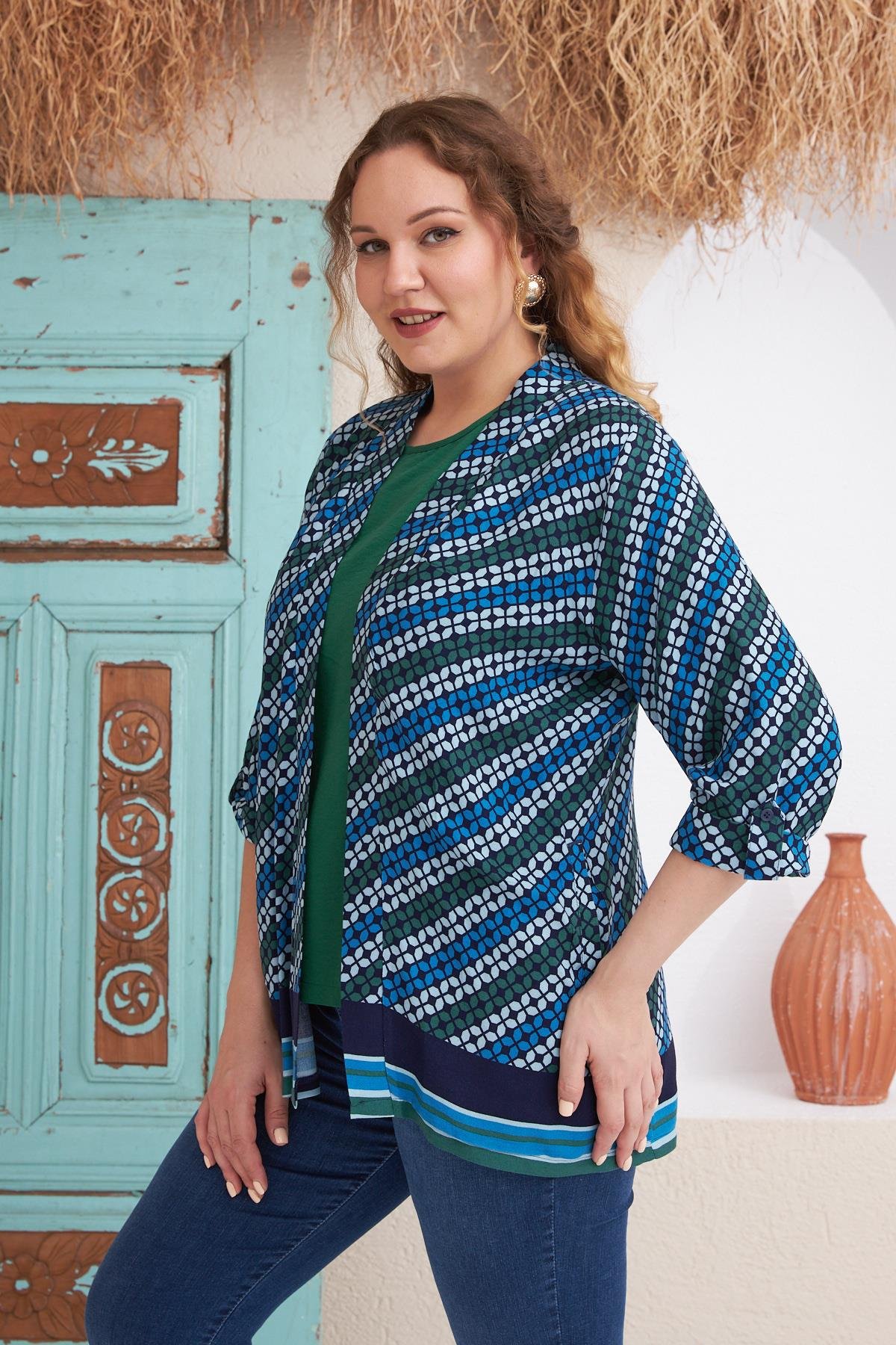 Rmg Desenli Büyük Beden Lacivert Atlet Ceket İkili Takım