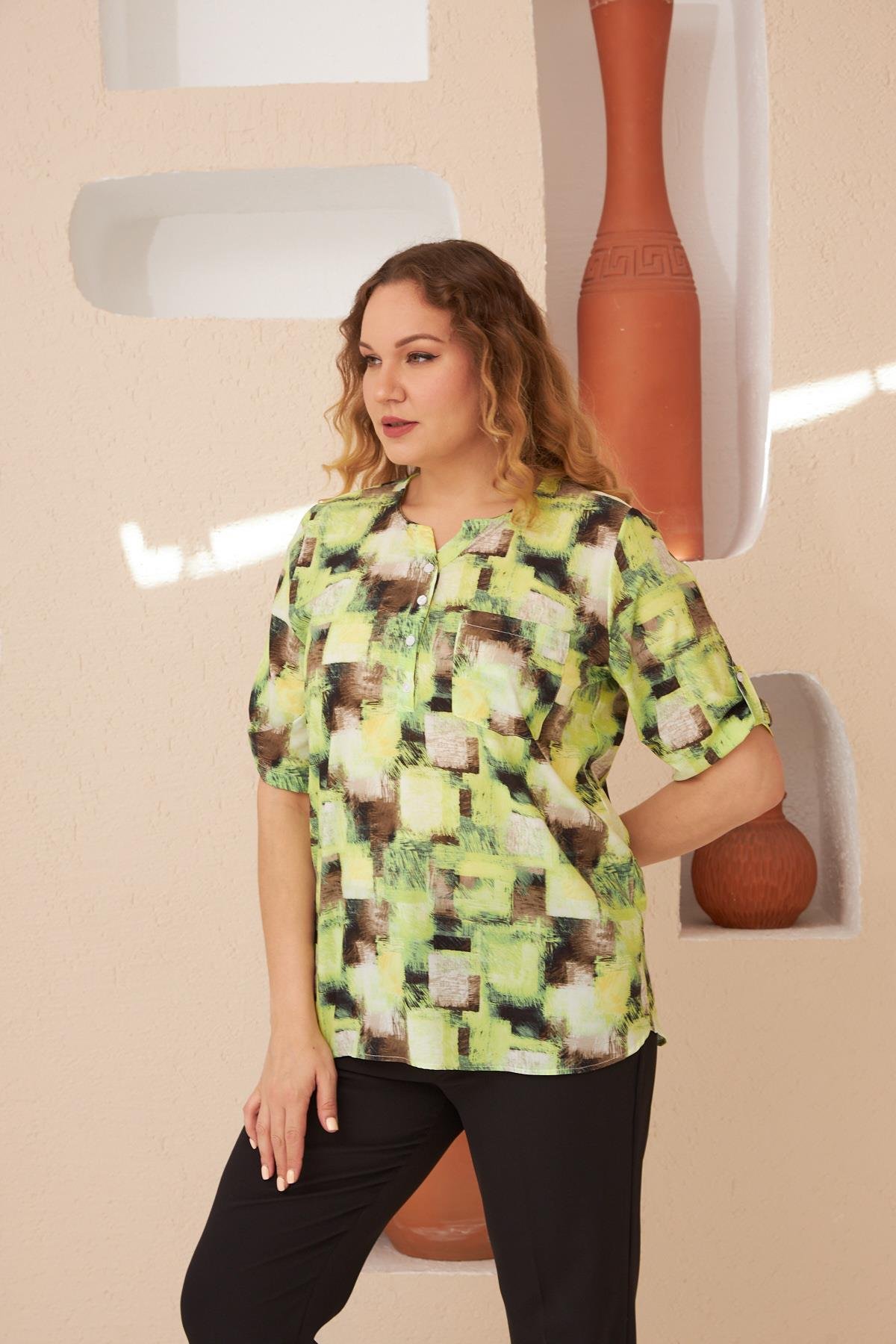 Rmg Desenli Büyük Beden Yeşil Bluz	