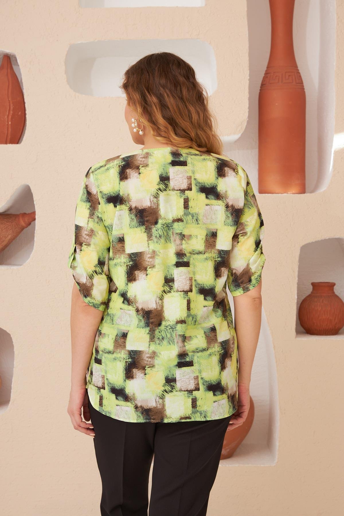 Rmg Desenli Büyük Beden Yeşil Bluz	