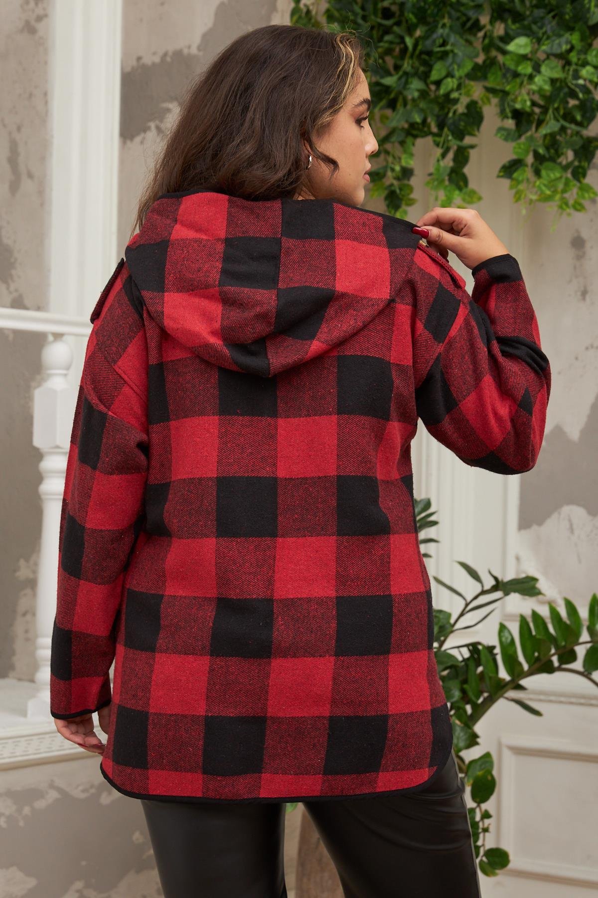 Rmg Ekose Büyük Beden Cepli Bordo Gömlek