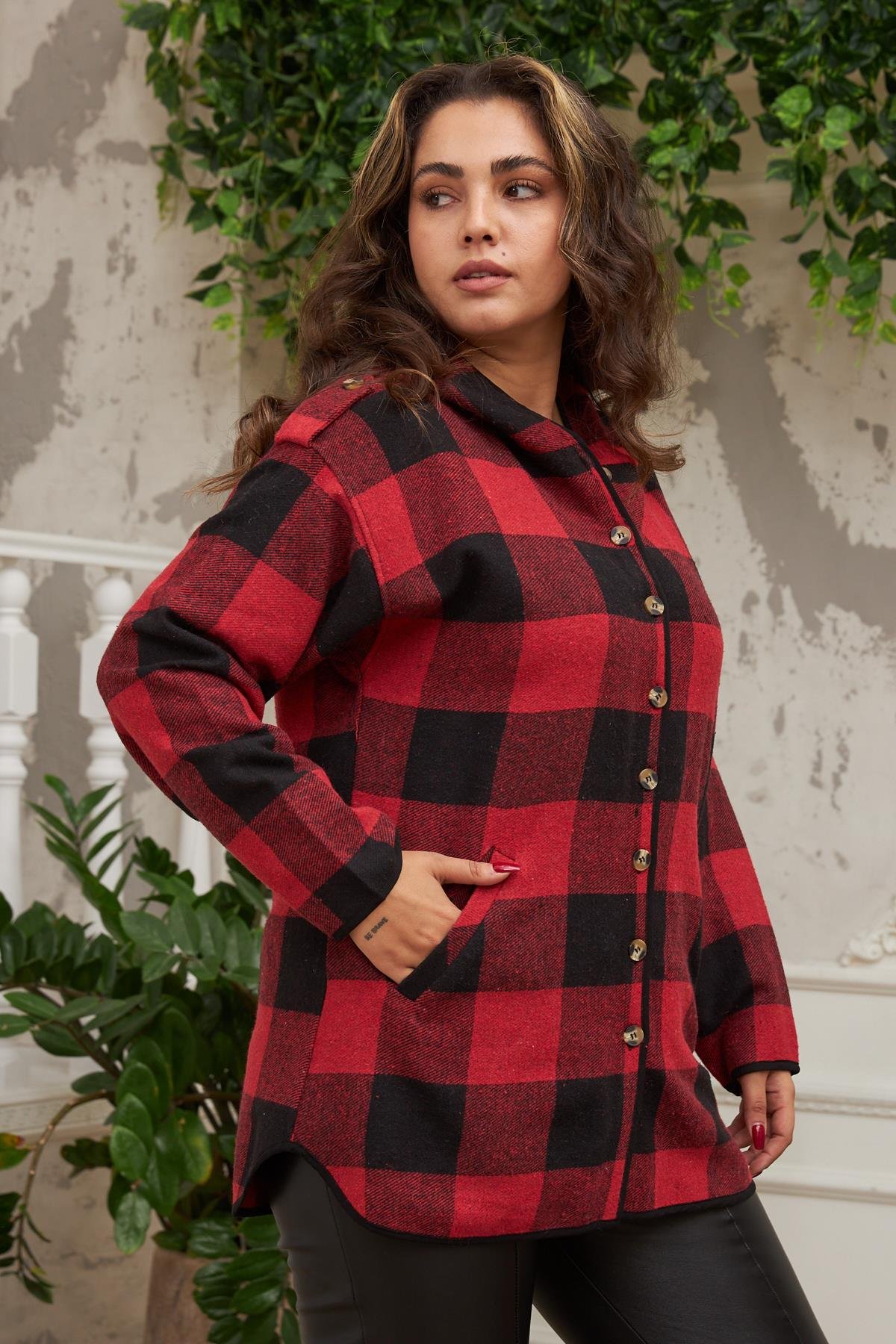 Rmg Ekose Büyük Beden Cepli Bordo Gömlek