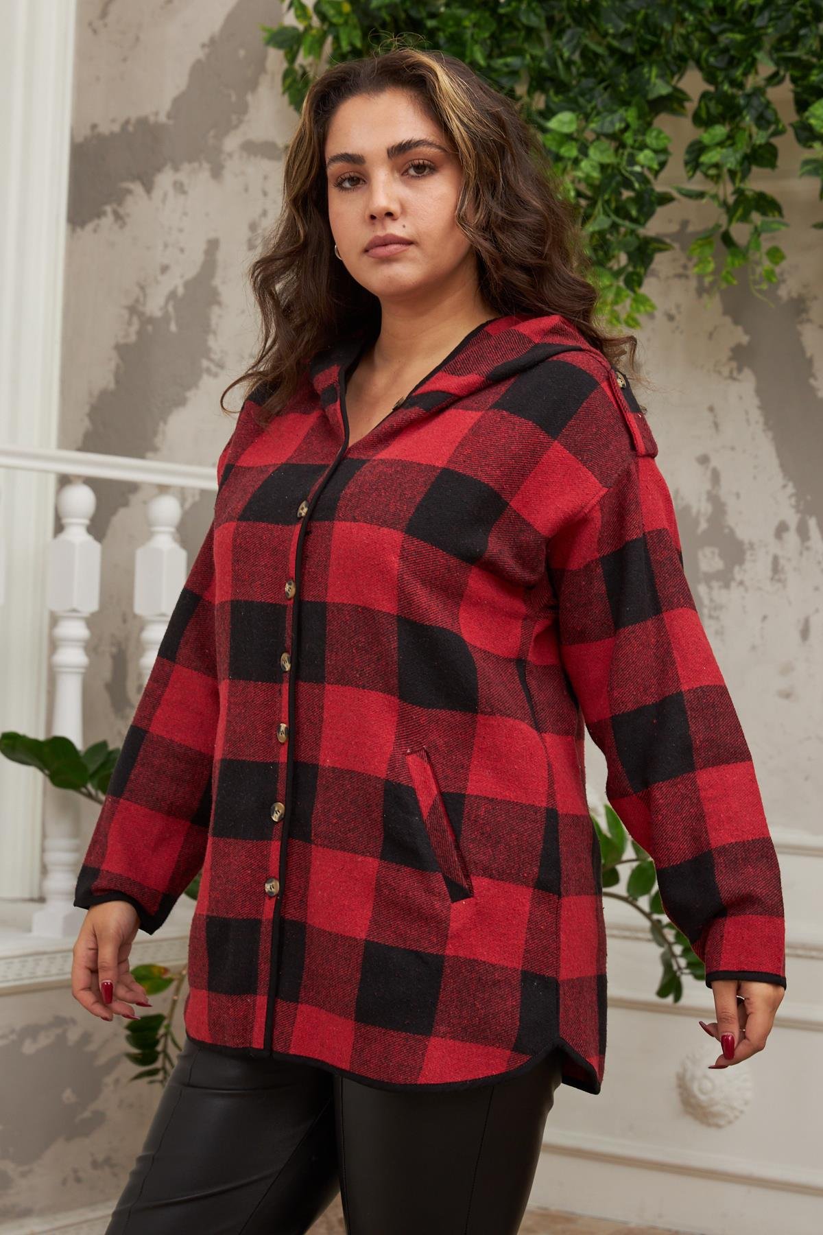 Rmg Ekose Büyük Beden Cepli Bordo Gömlek