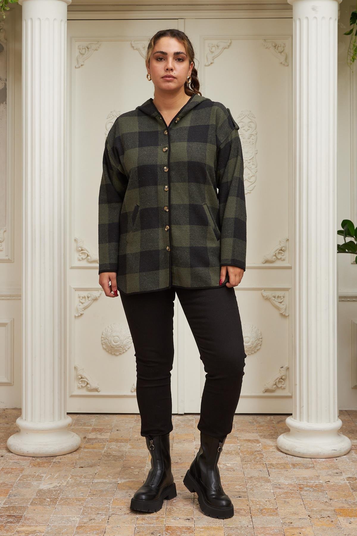 Rmg Ekose Büyük Beden Cepli Haki Gömlek