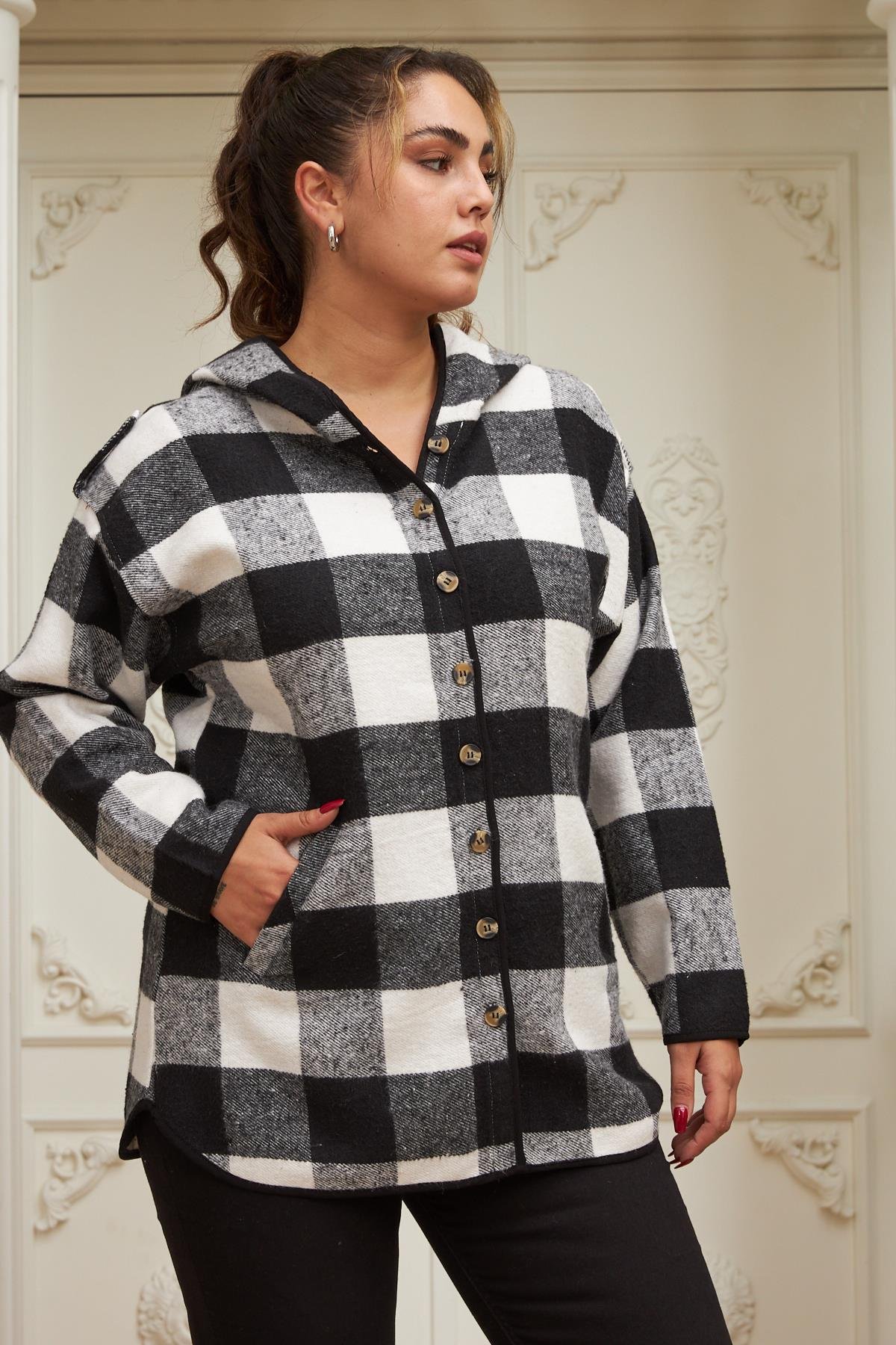 Rmg Ekose Büyük Beden Cepli Siyah Gömlek