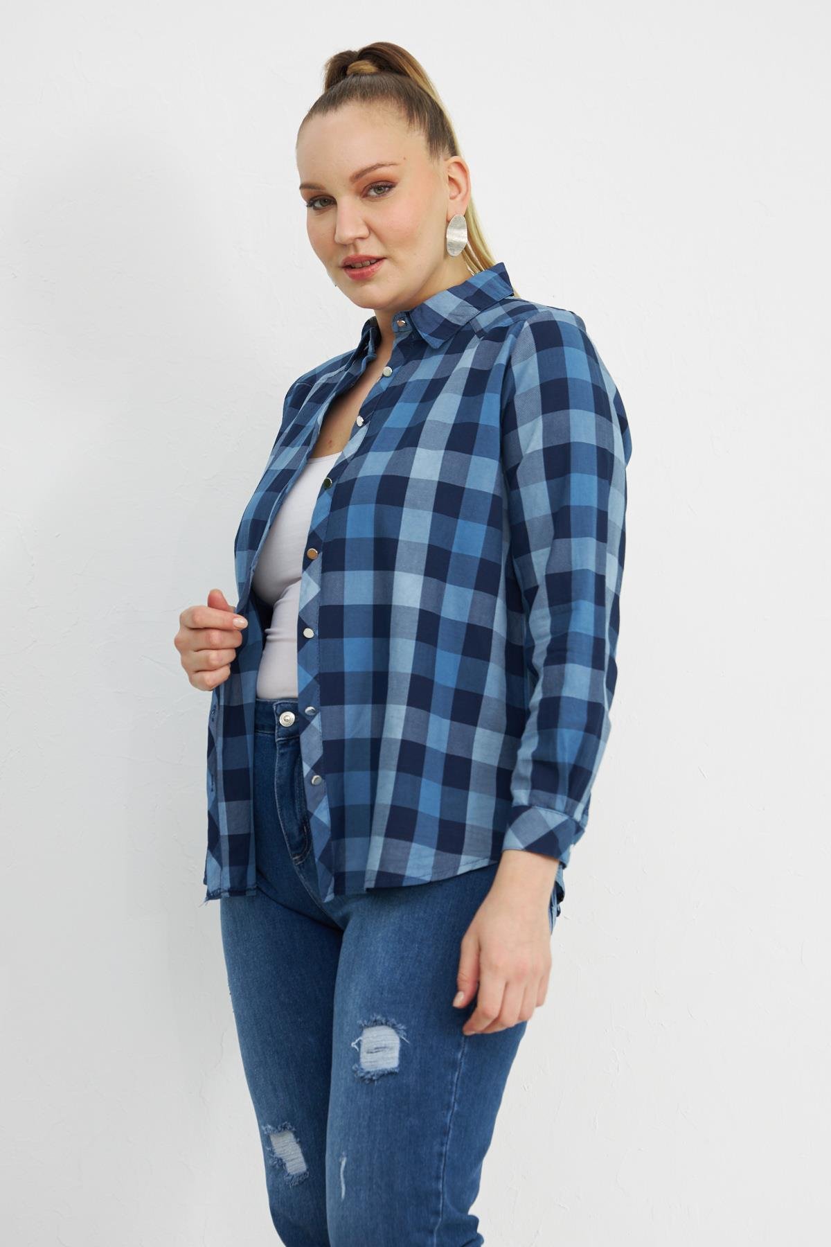 Rmg Ekose Büyük Beden İndigo Pamuk Gömlek