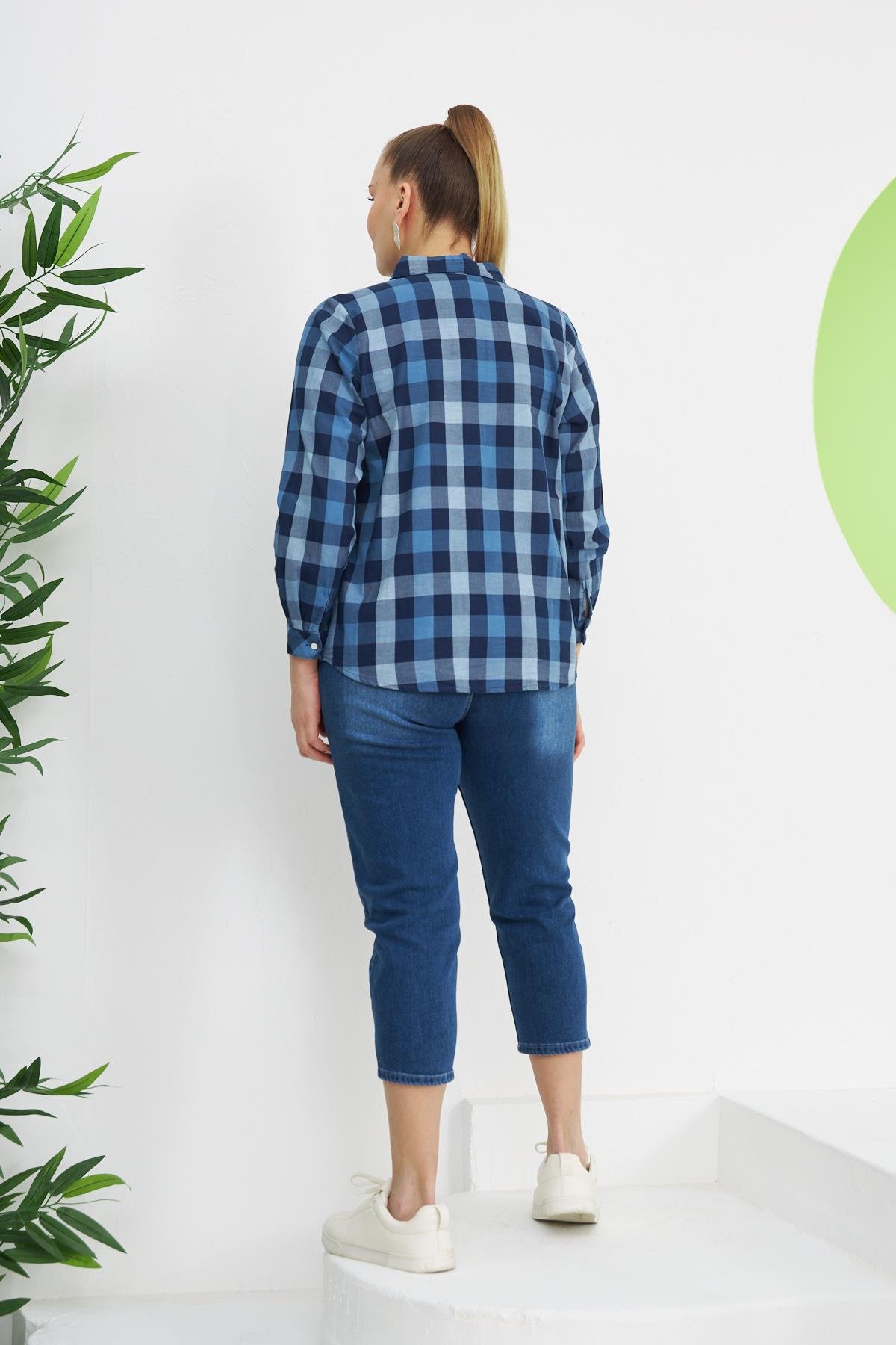 Rmg Ekose Büyük Beden İndigo Pamuk Gömlek