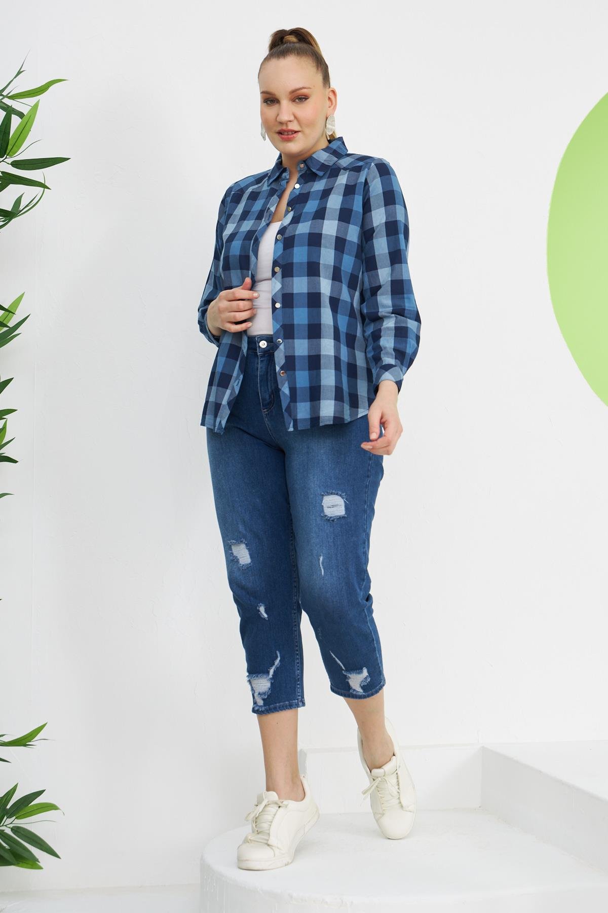 Rmg Ekose Büyük Beden İndigo Pamuk Gömlek