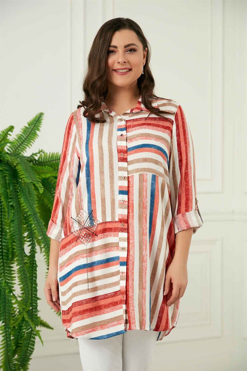 RMG En Boy Çizgili Taş Detaylı Büyük Beden Kiremit Gömlek