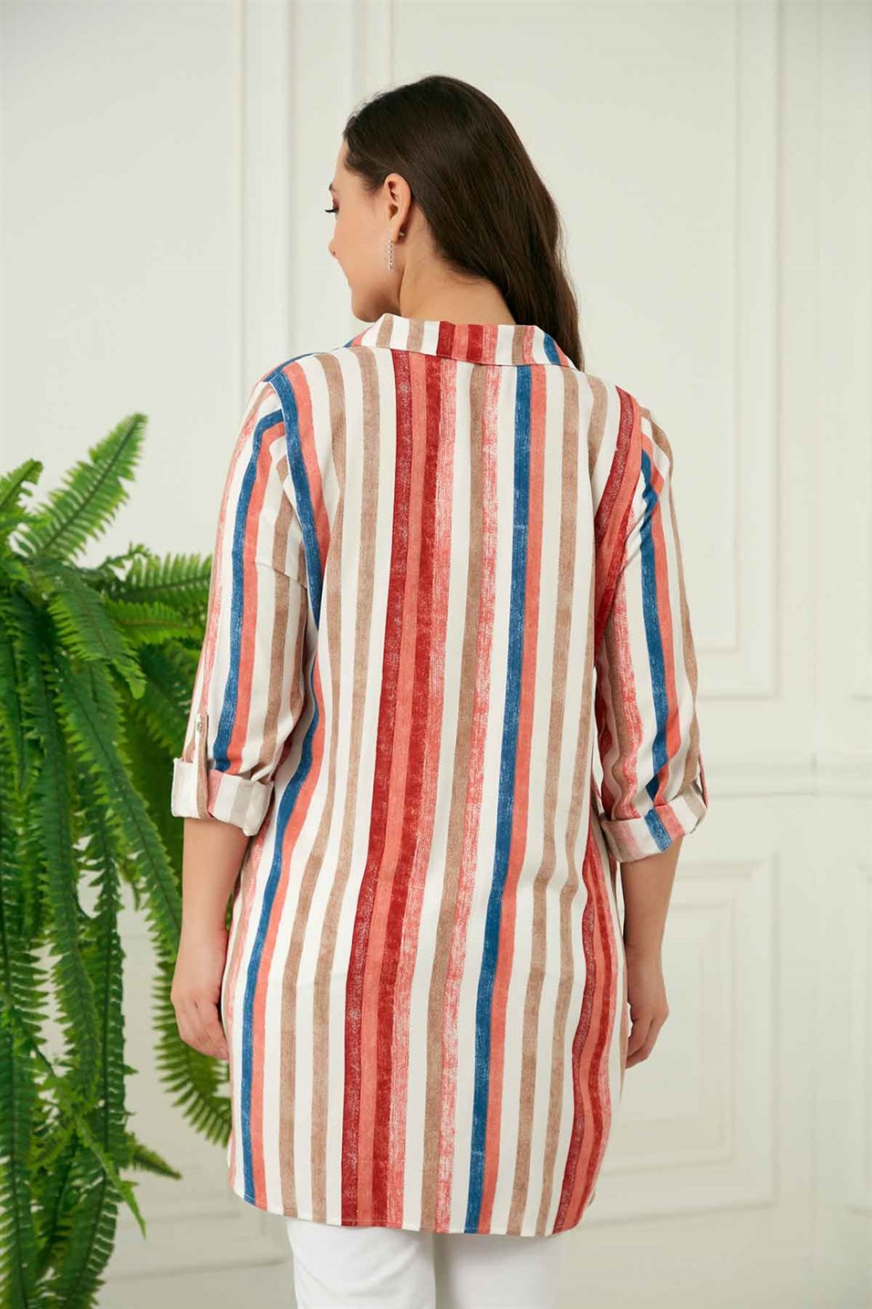RMG En Boy Çizgili Taş Detaylı Büyük Beden Kiremit Gömlek
