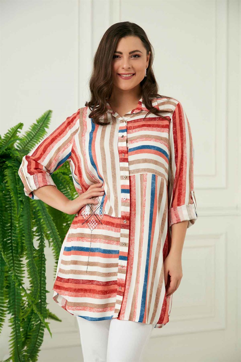 RMG En Boy Çizgili Taş Detaylı Büyük Beden Kiremit Gömlek