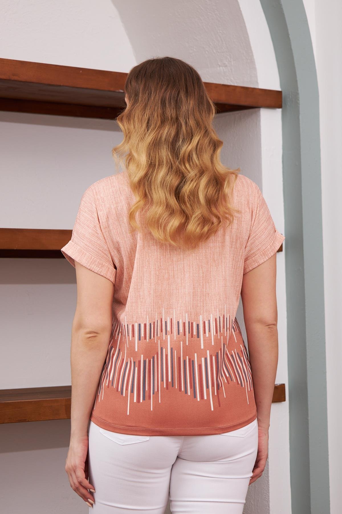 Rmg Eteği Desenli Büyük Beden Pudra Tişört	