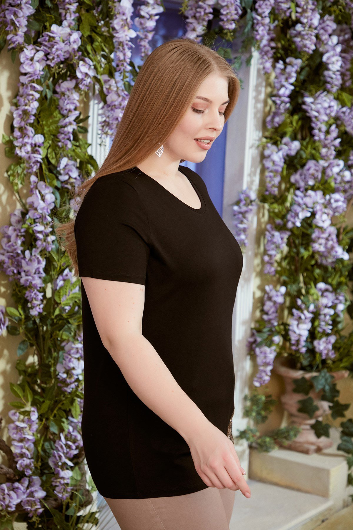 Rmg Eteği Leopar Garnili Büyük Beden Siyah Tişört