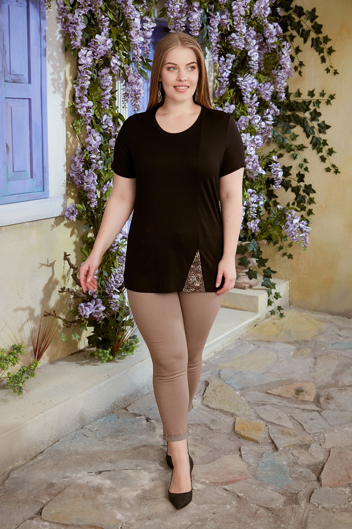 Rmg Eteği Leopar Garnili Büyük Beden Siyah Tişört