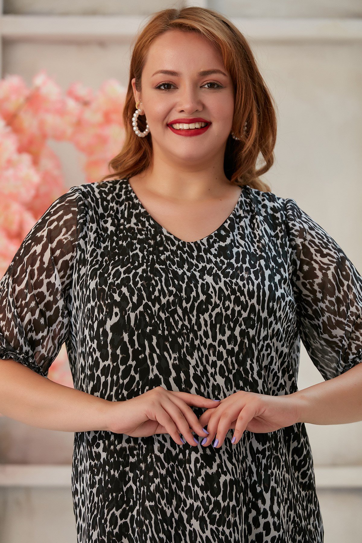 Rmg Eteği Ve Kolları Fırfırlı Leopar Desenli Büyük Beden Elbise