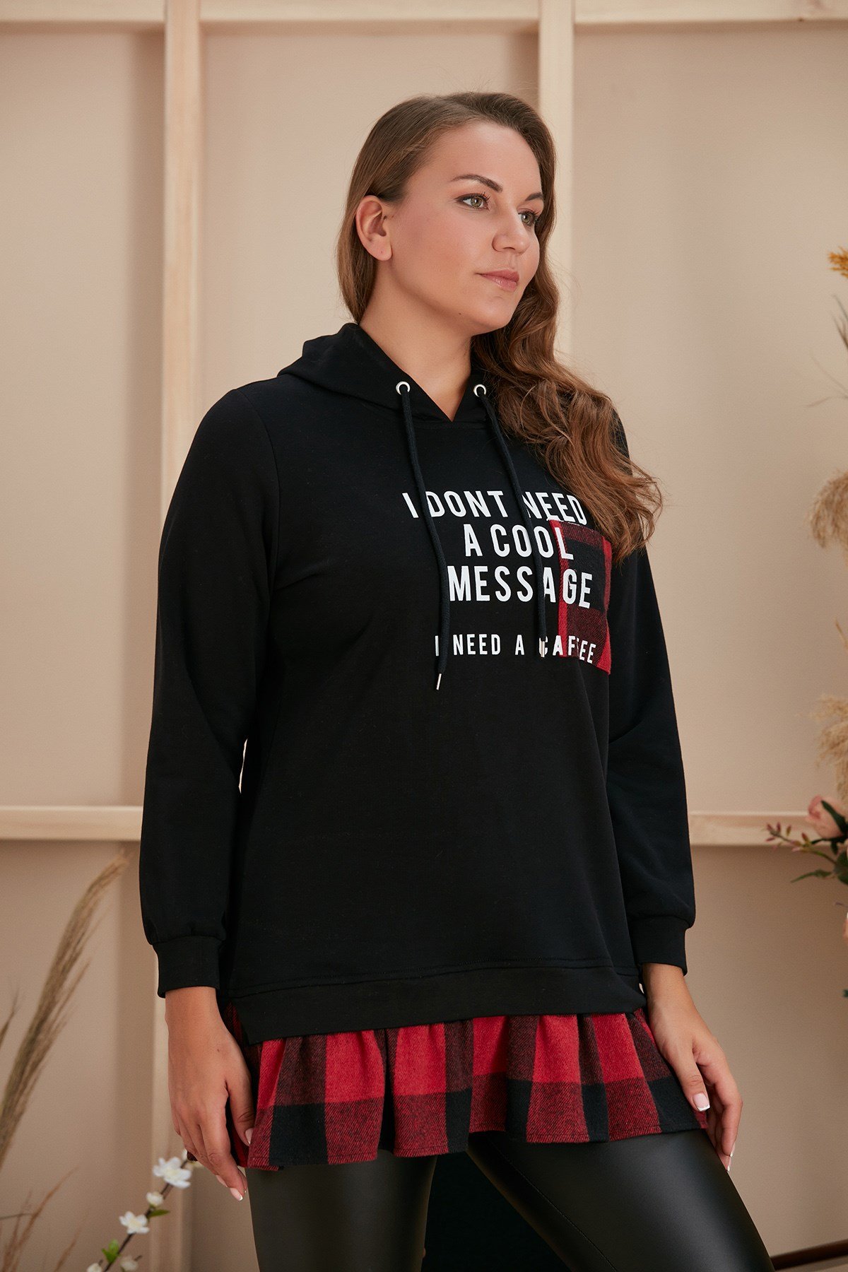 Rmg Etek ve Cep Ekose Detaylı Baskılı Siyah Büyük Beden Sweatshirt