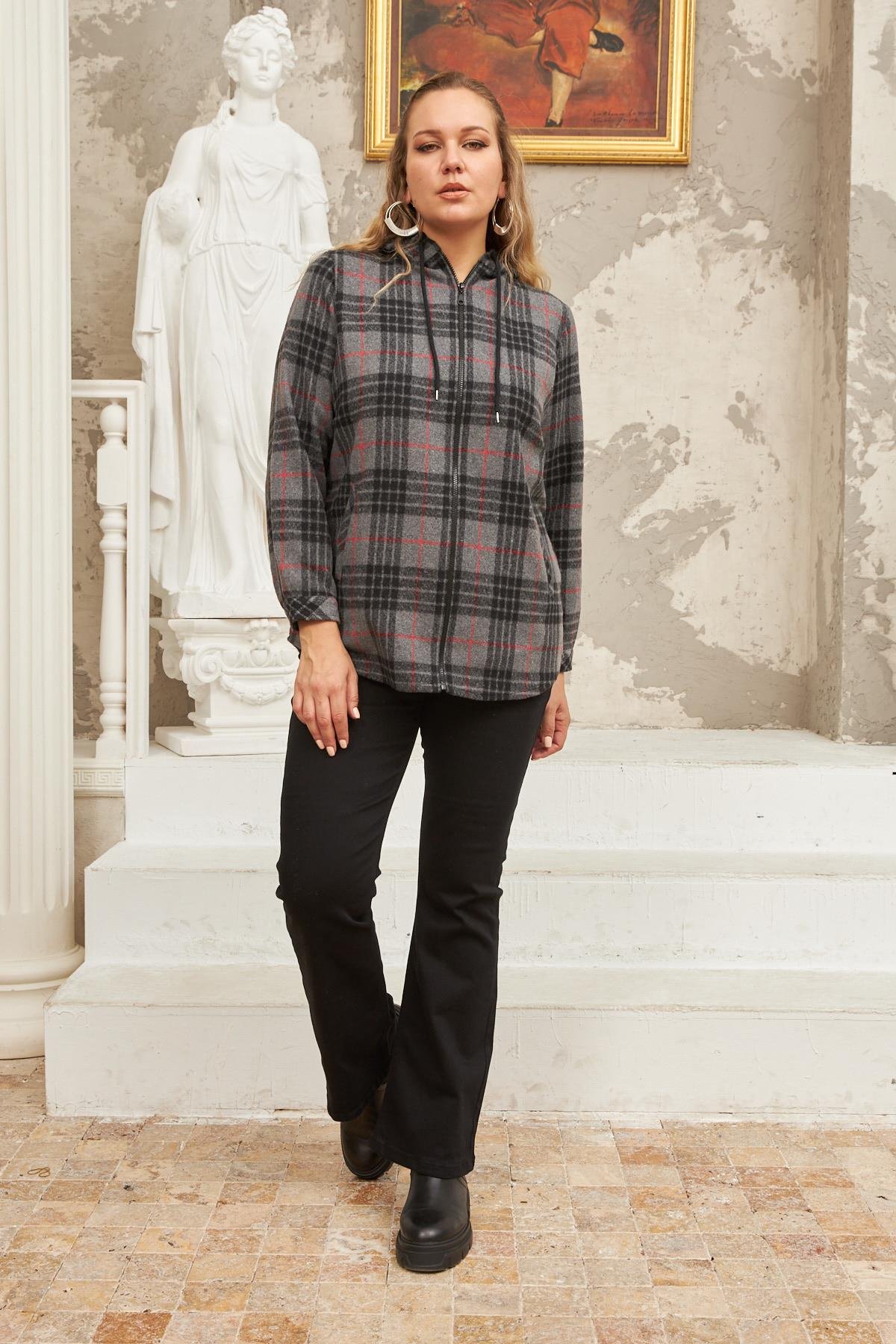 Rmg Fermuar Detaylı Büyük Beden Füme Ekose Gömlek