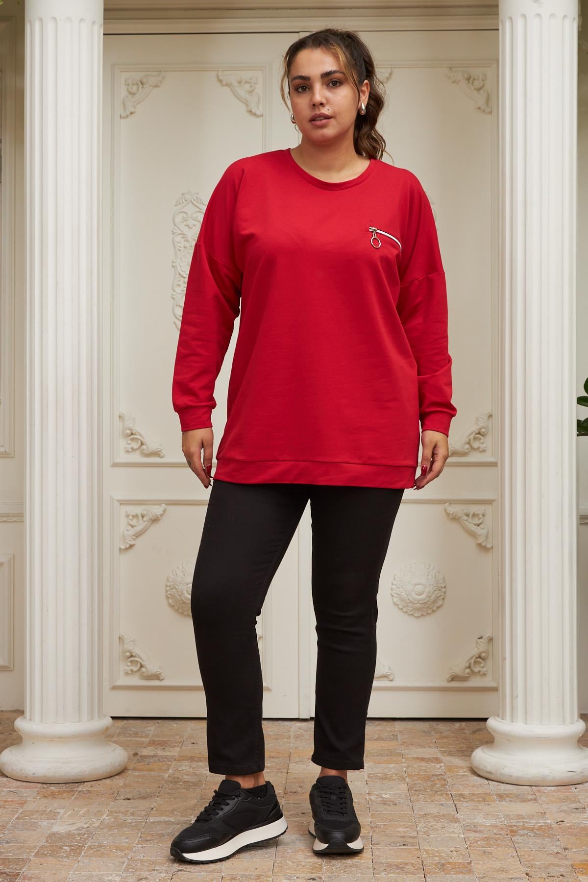 Rmg Fermuar Detaylı Büyük Beden Kırmızı Sweatshirt