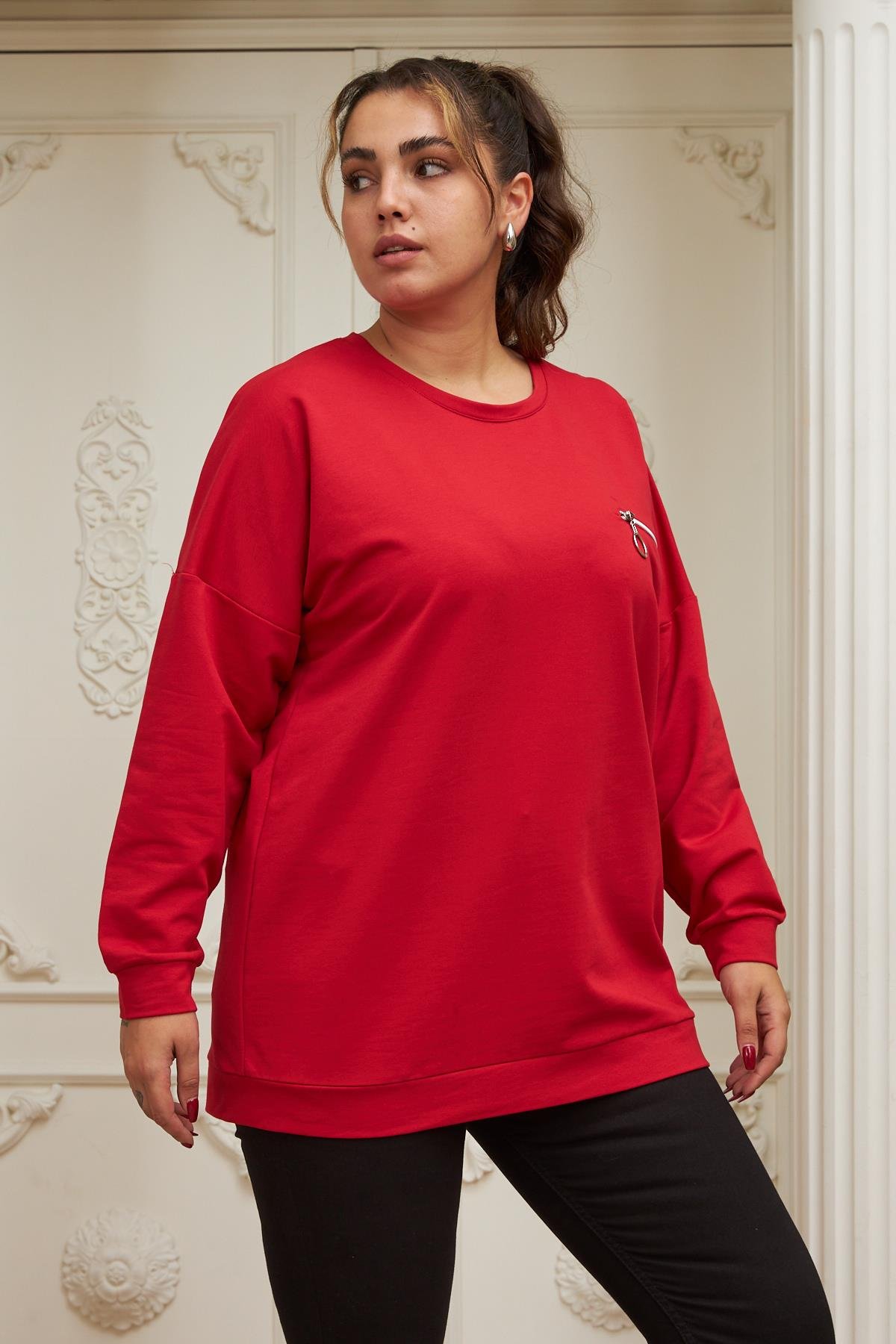 Rmg Fermuar Detaylı Büyük Beden Kırmızı Sweatshirt
