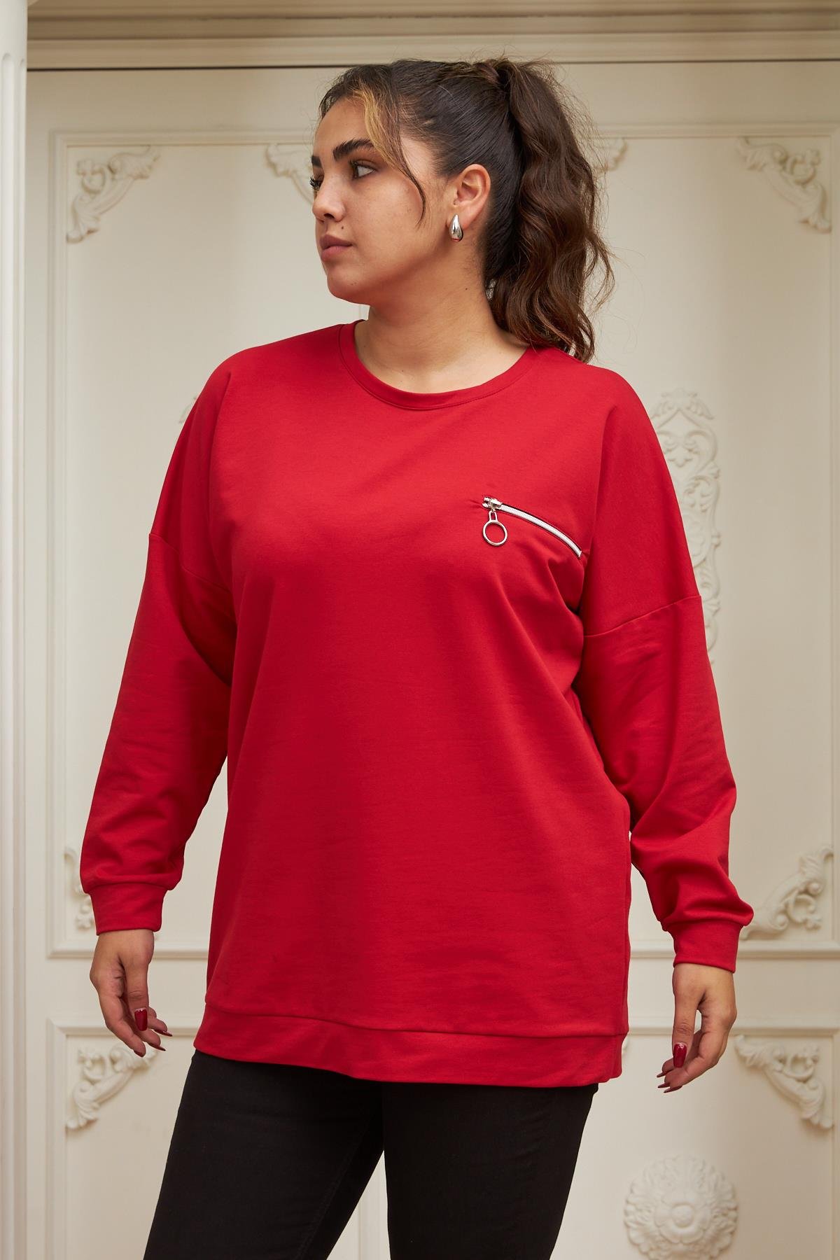 Rmg Fermuar Detaylı Büyük Beden Kırmızı Sweatshirt