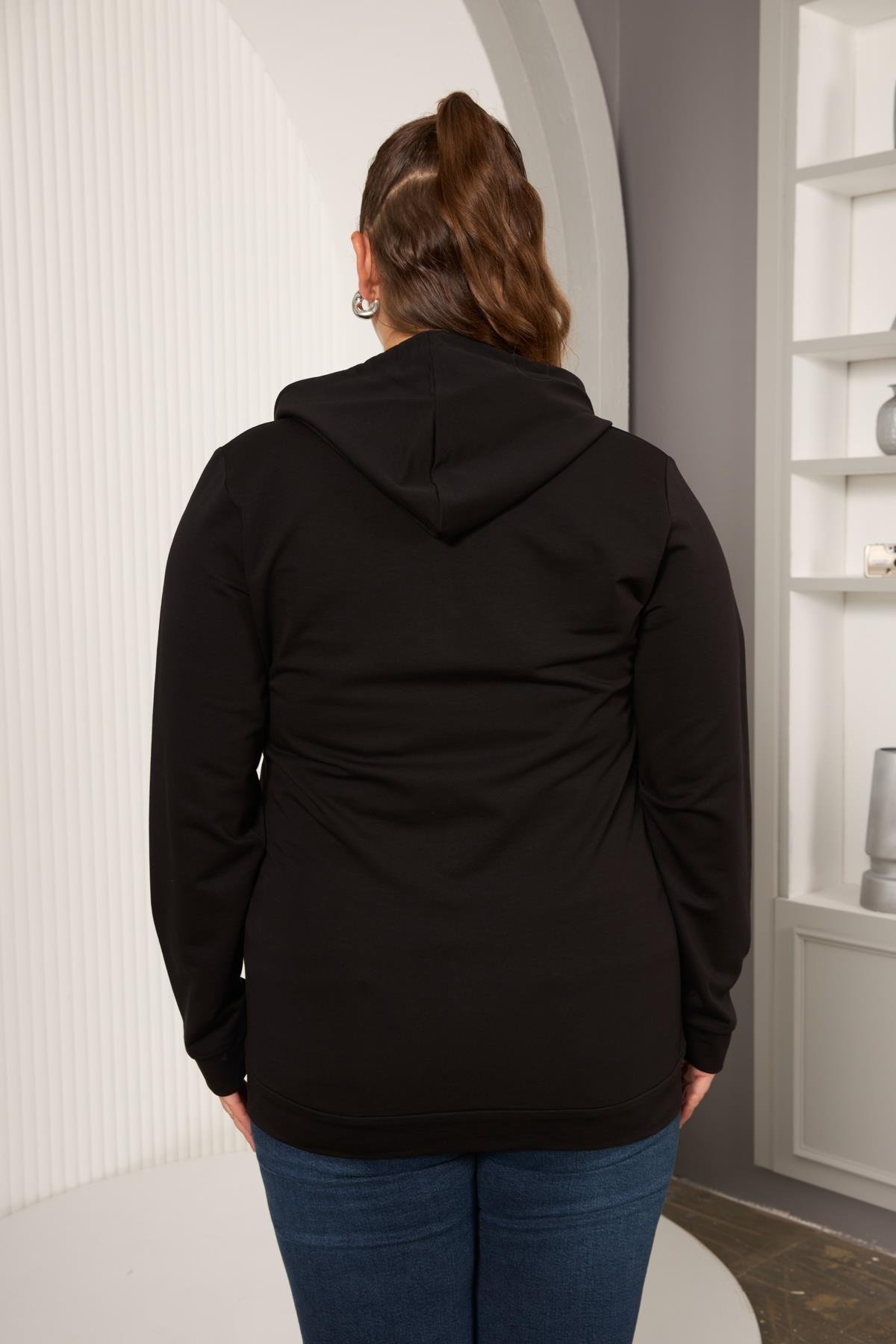 Rmg Fermuar Detaylı Büyük Beden Siyah Eşofman Üst