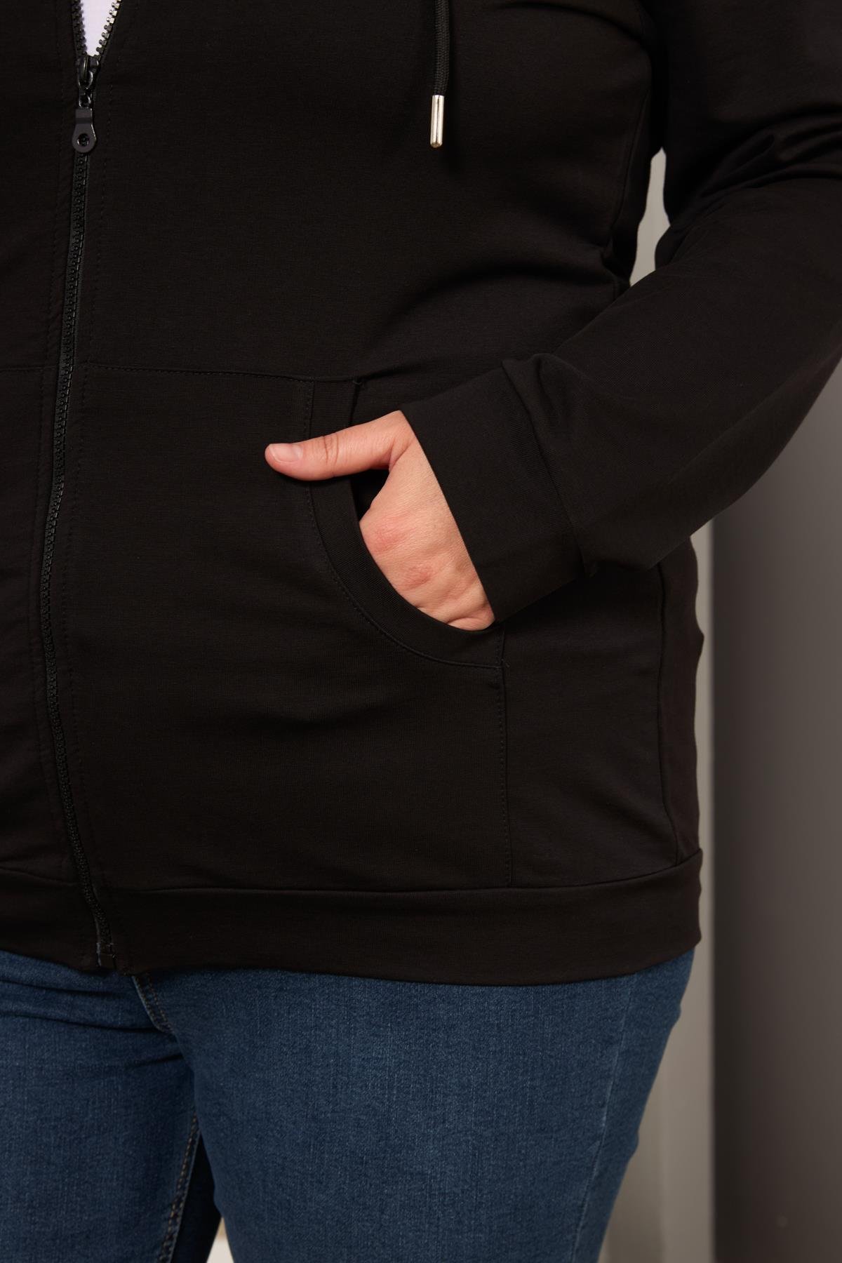 Rmg Fermuar Detaylı Büyük Beden Siyah Eşofman Üst