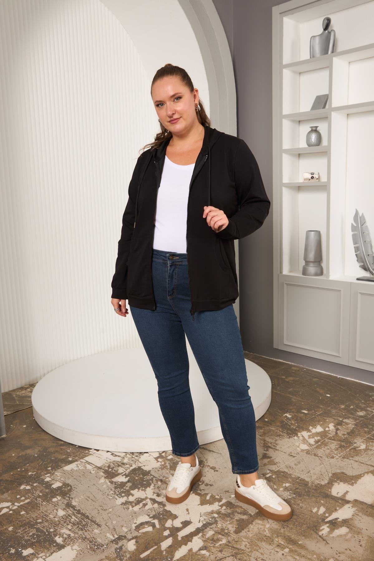 Rmg Fermuar Detaylı Büyük Beden Siyah Eşofman Üst