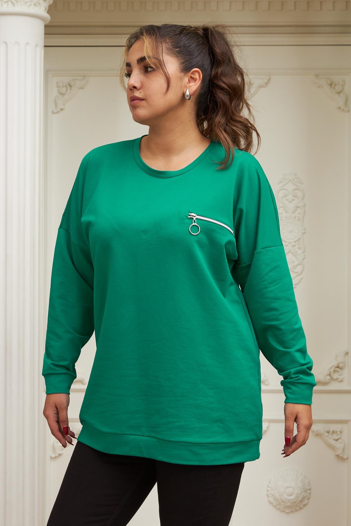 Rmg Fermuar Detaylı Büyük Beden Yeşil Sweatshirt