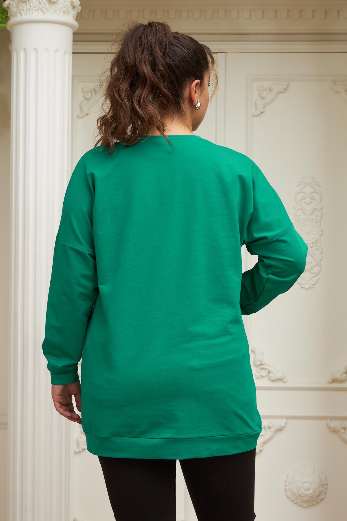 Rmg Fermuar Detaylı Büyük Beden Yeşil Sweatshirt