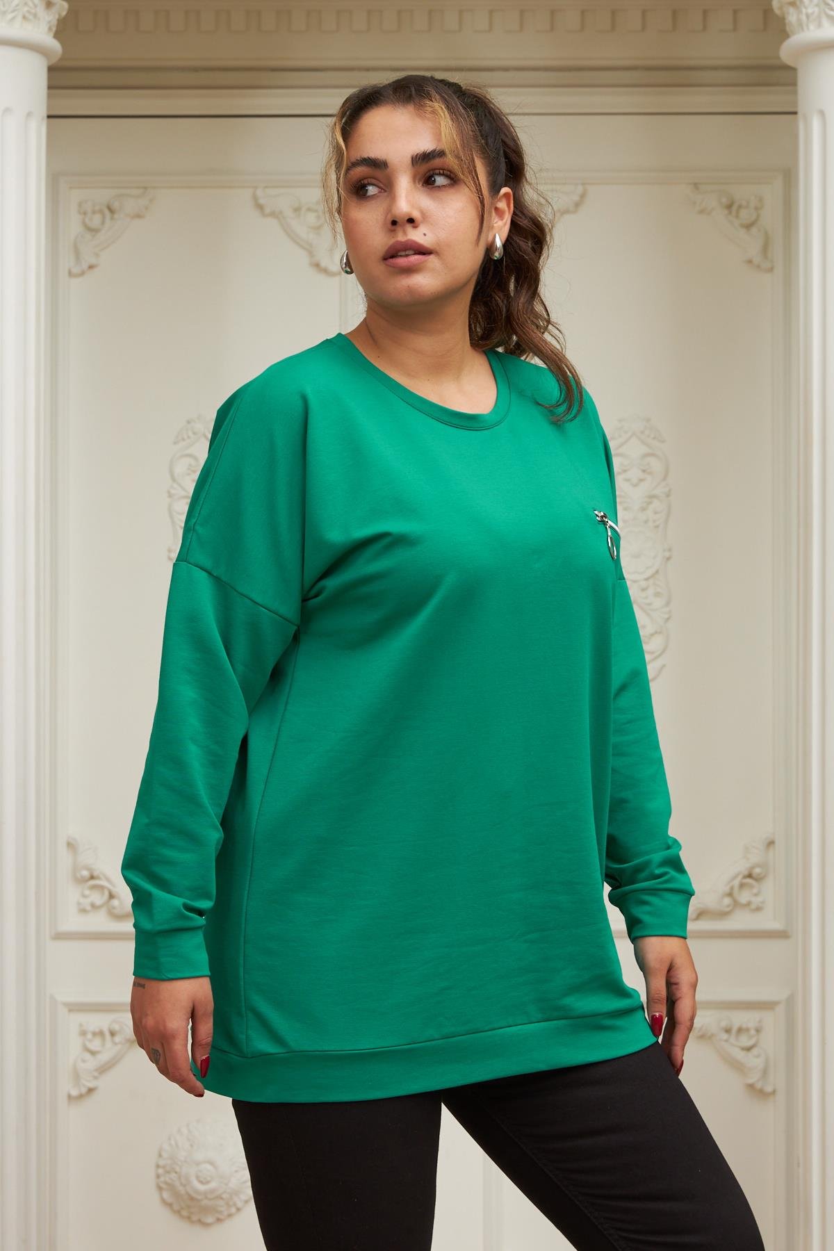 Rmg Fermuar Detaylı Büyük Beden Yeşil Sweatshirt