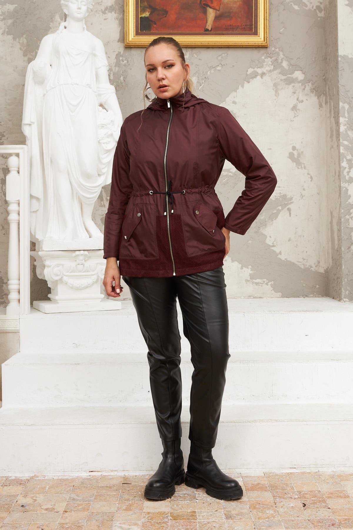 Rmg File Detaylı Büyük Beden Bordo Trençkot