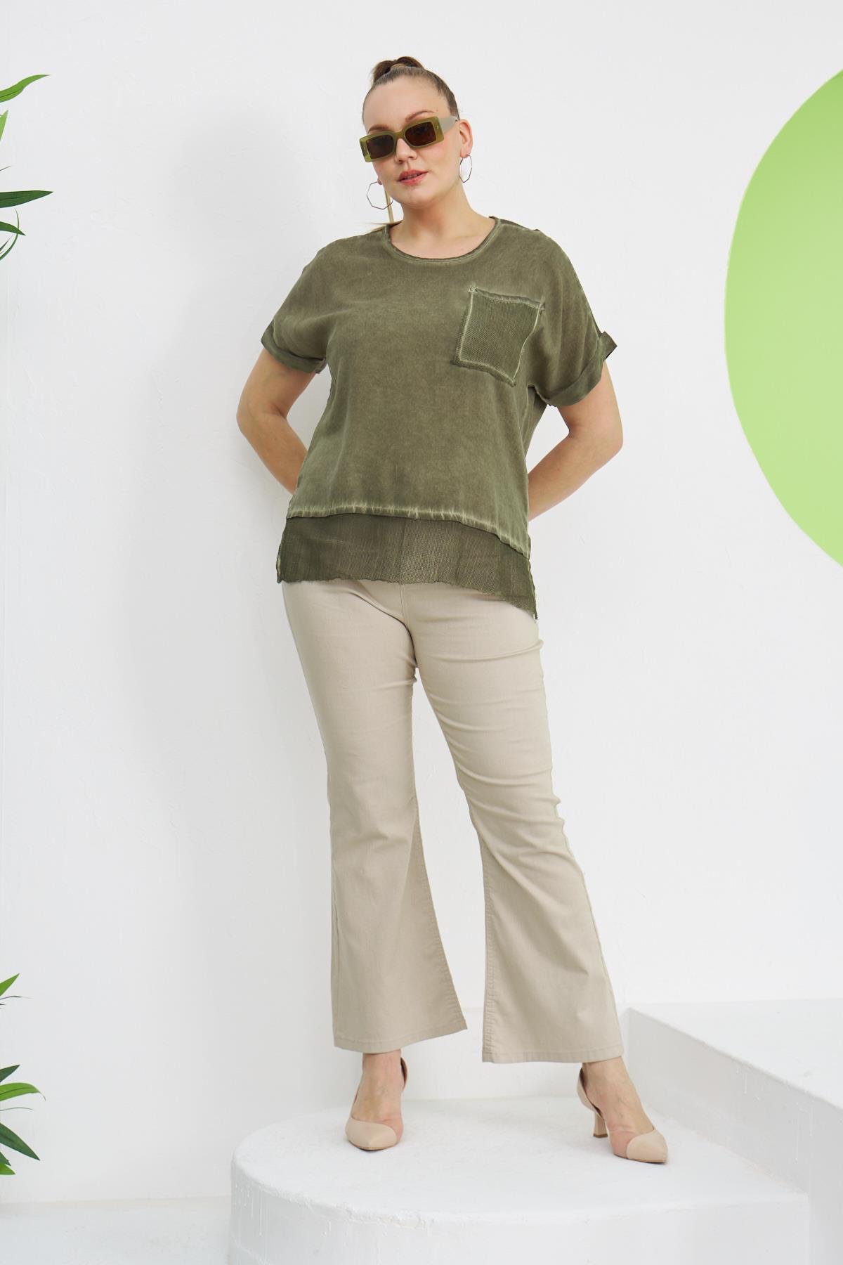 Rmg File Detaylı Büyük Beden Haki Bluz