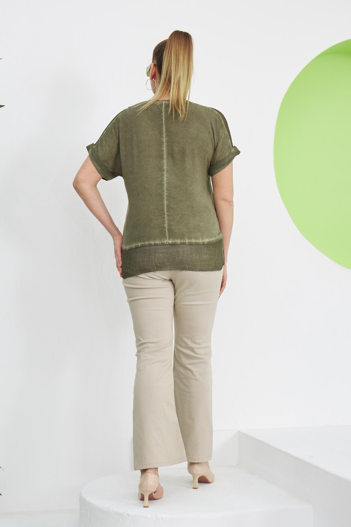 Rmg File Detaylı Büyük Beden Haki Bluz