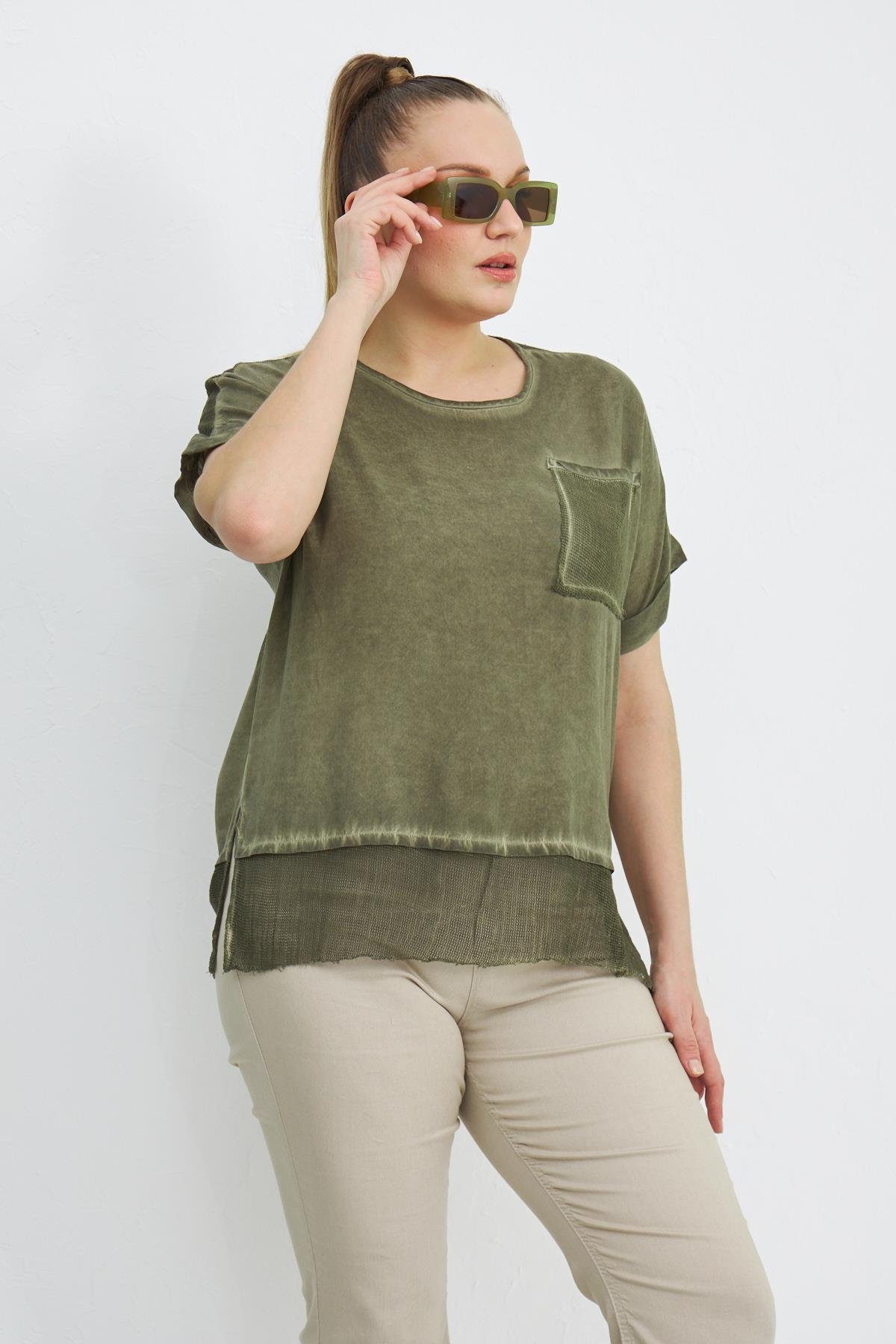 Rmg File Detaylı Büyük Beden Haki Bluz