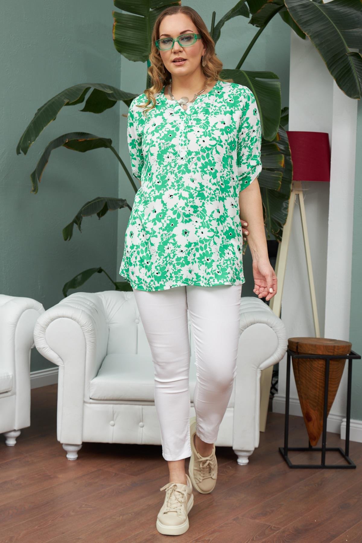 Rmg Hakim Yaka Çiçek Desenli Büyük Beden Yeşil Bluz