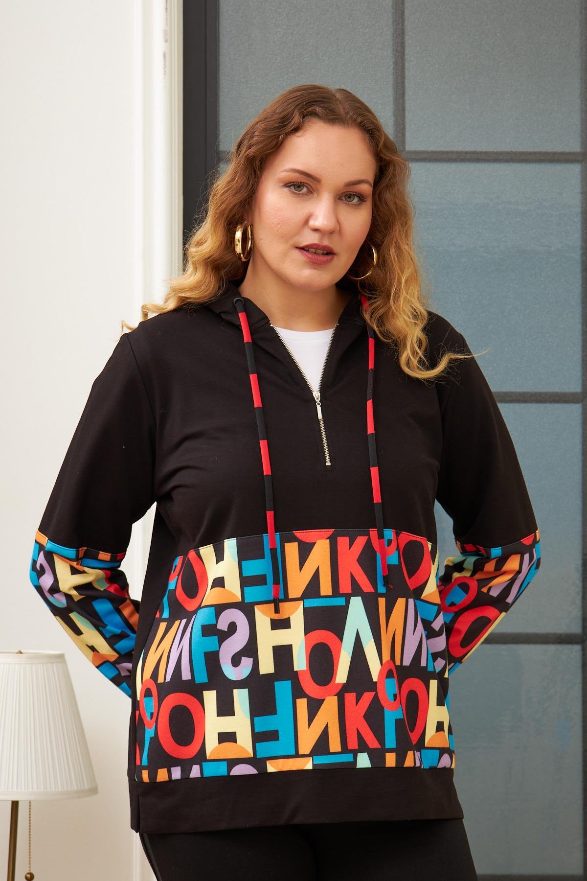 Rmg Harf Baskılı Büyük Beden Siyah Sweatshirt