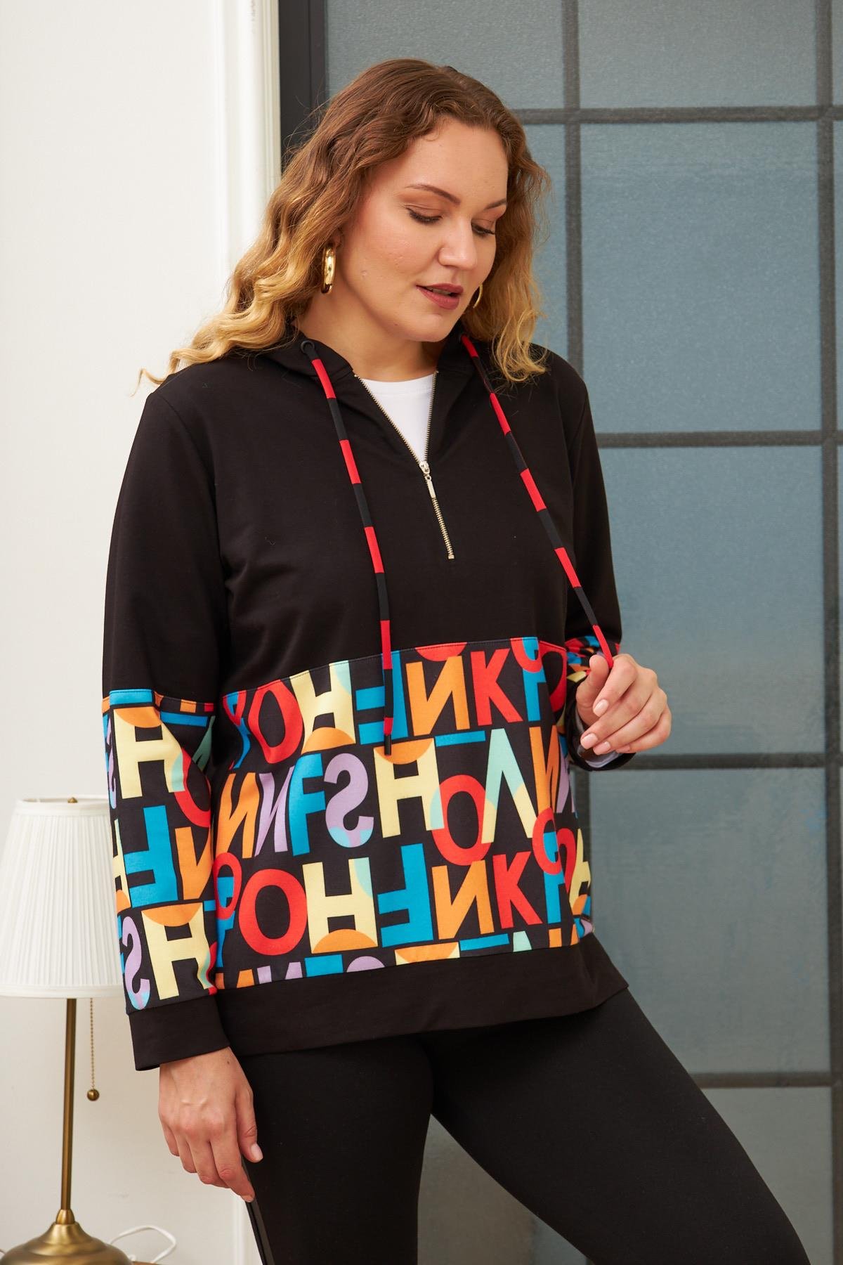 Rmg Harf Baskılı Büyük Beden Siyah Sweatshirt
