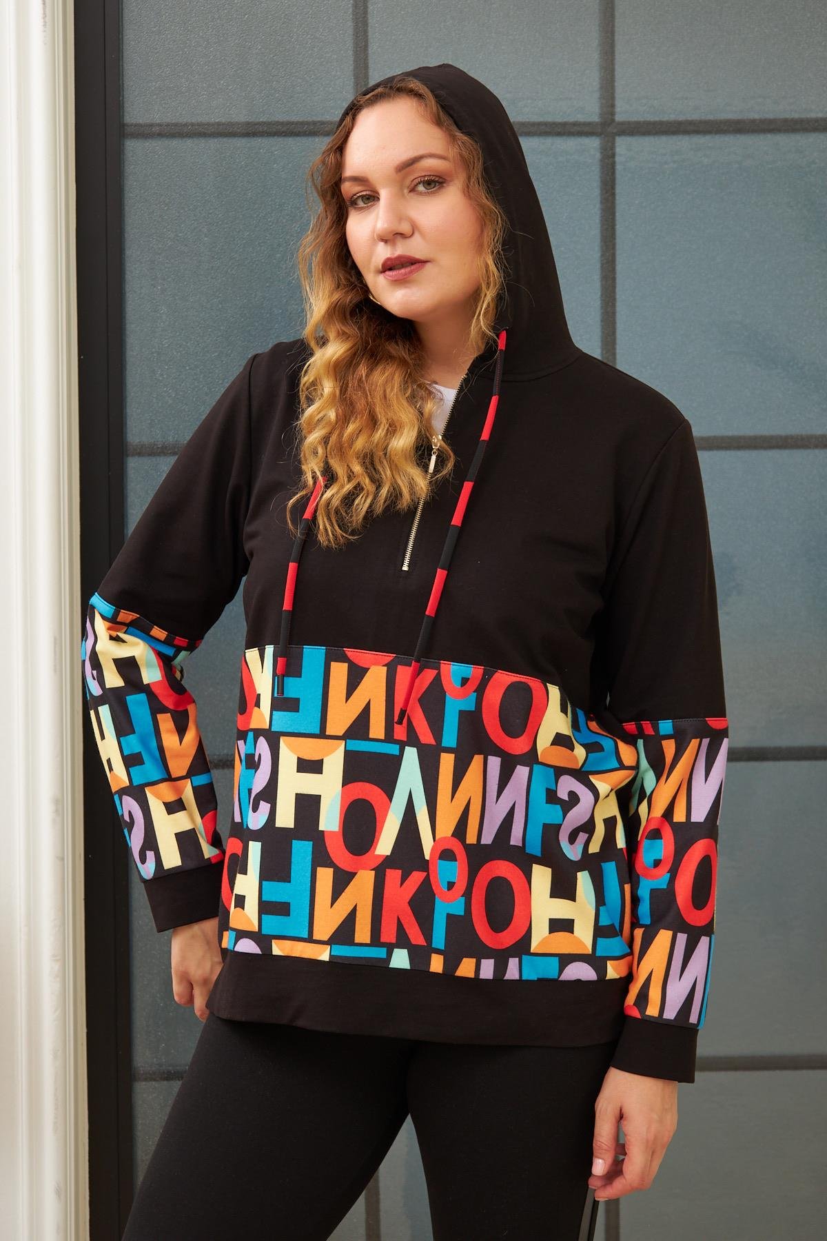 Rmg Harf Baskılı Büyük Beden Siyah Sweatshirt