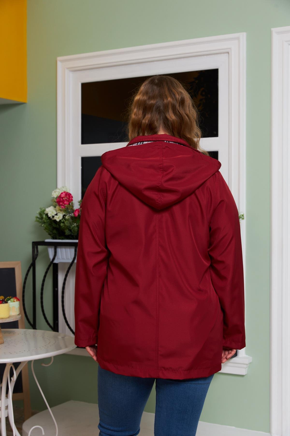 Rmg İç Astar Ekose Detaylı Büyük Beden Bordo Trençkot