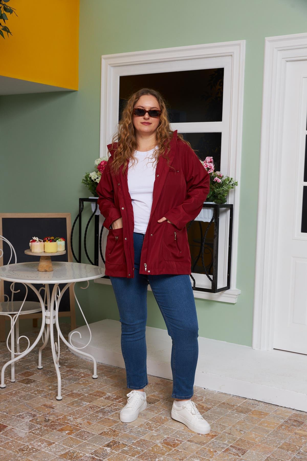 Rmg İç Astar Ekose Detaylı Büyük Beden Bordo Trençkot