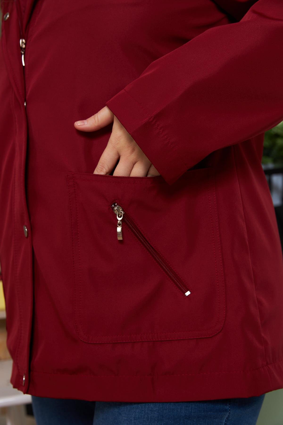 Rmg İç Astar Ekose Detaylı Büyük Beden Bordo Trençkot