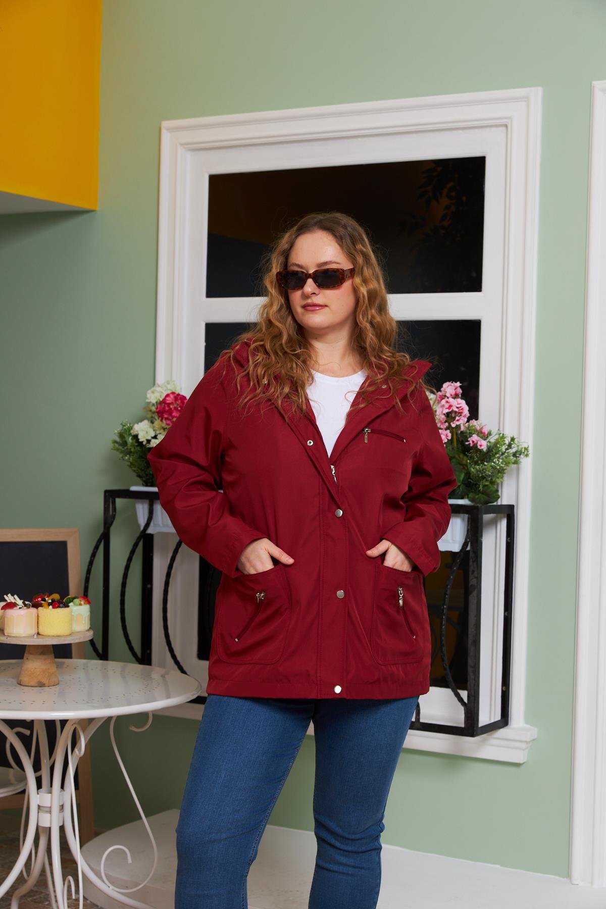 Rmg İç Astar Ekose Detaylı Büyük Beden Bordo Trençkot