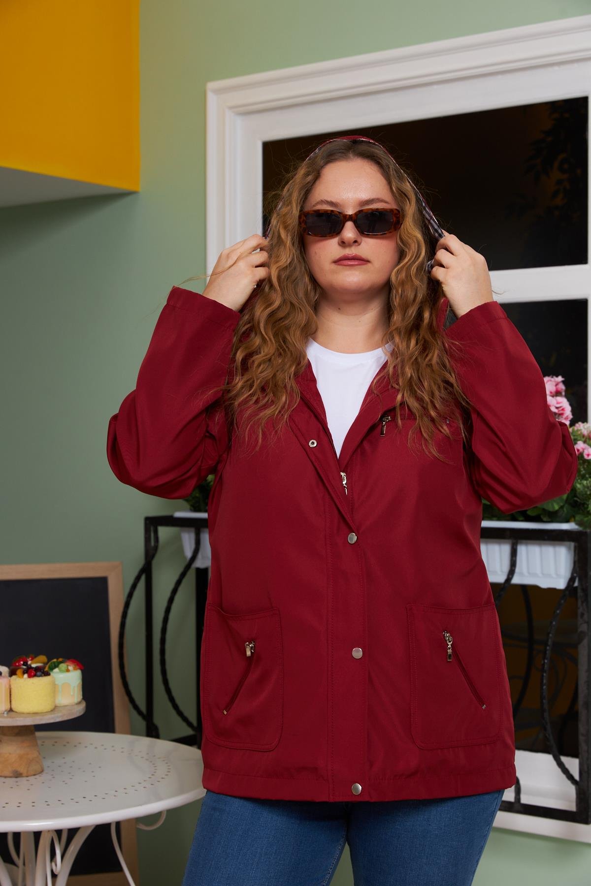 Rmg İç Astar Ekose Detaylı Büyük Beden Bordo Trençkot