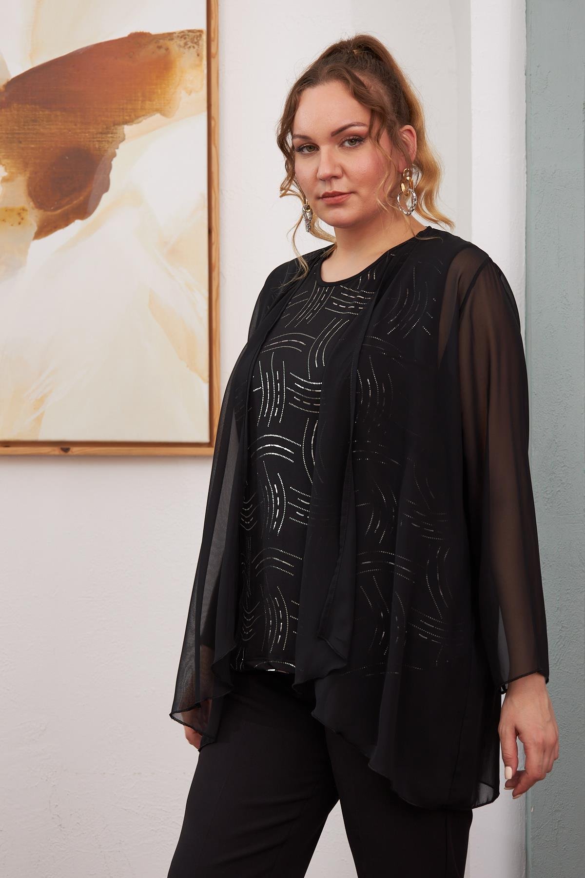 Rmg İçi Desenli Büyük Beden Siyah İkili Takım