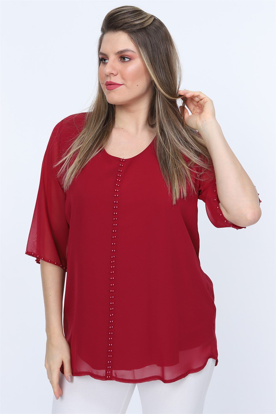 Rmg İnci Detaylı Şifon Bluz Bordo